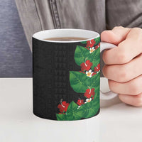 Hawaiian Taro Leaves-Hibiscus and Plumeria Ceramic Mug Polynesian Art-Kakau Tattoo Black