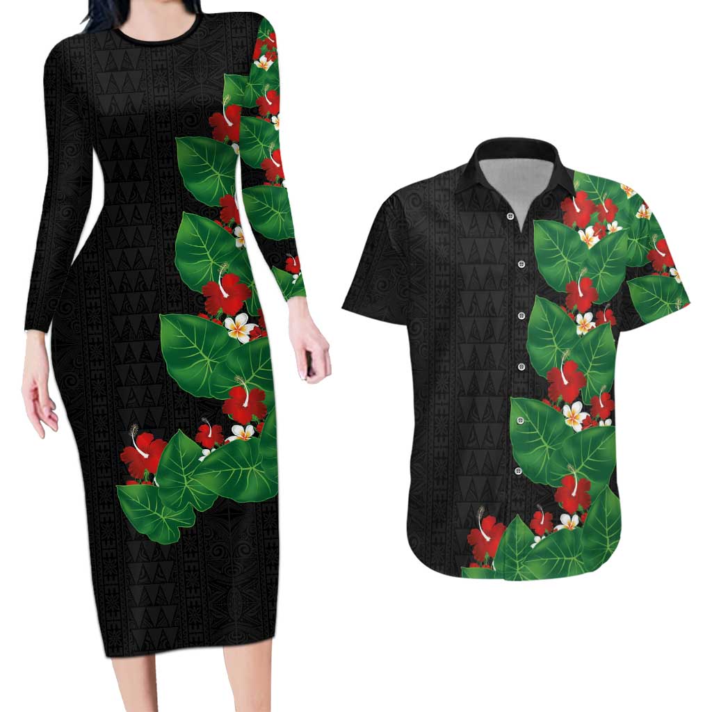 Hawaiian Taro Leaves-Hibiscus and Plumeria Couples Matching Long Sleeve Bodycon Dress and Hawaiian Shirt Polynesian Art-Kakau Tattoo Black