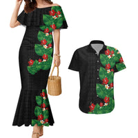 Hawaiian Taro Leaves-Hibiscus and Plumeria Couples Matching Mermaid Dress and Hawaiian Shirt Polynesian Art-Kakau Tattoo Black