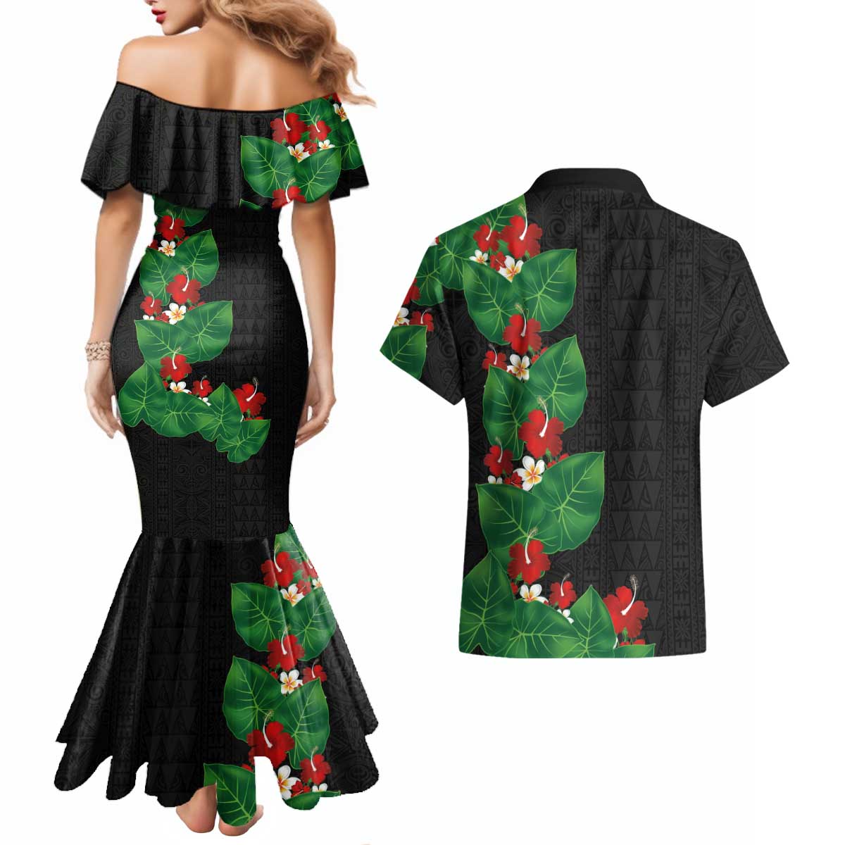 Hawaiian Taro Leaves-Hibiscus and Plumeria Couples Matching Mermaid Dress and Hawaiian Shirt Polynesian Art-Kakau Tattoo Black