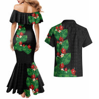Hawaiian Taro Leaves-Hibiscus and Plumeria Couples Matching Mermaid Dress and Hawaiian Shirt Polynesian Art-Kakau Tattoo Black