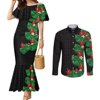 Hawaiian Taro Leaves-Hibiscus and Plumeria Couples Matching Mermaid Dress and Long Sleeve Button Shirt Polynesian Art-Kakau Tattoo Black