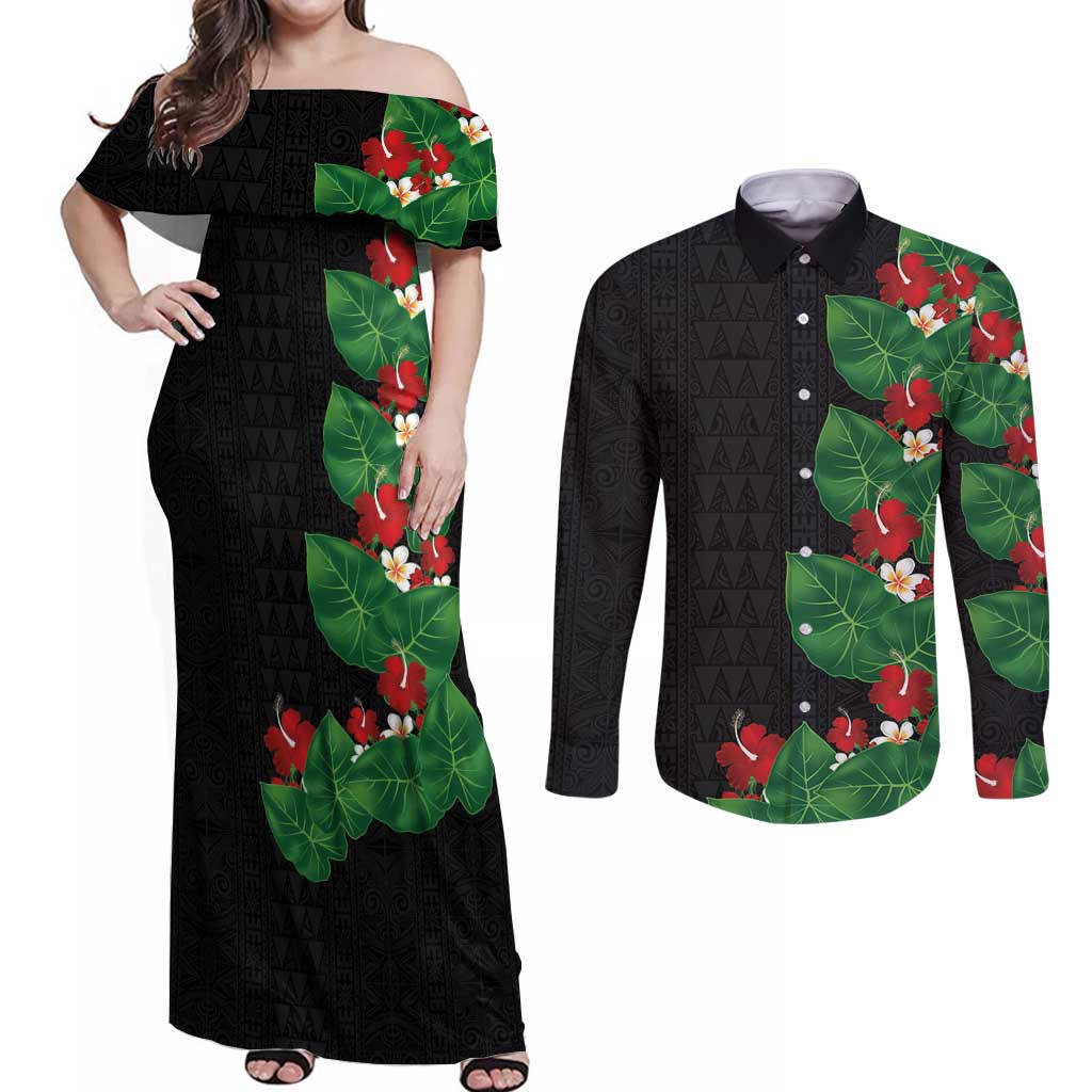 Hawaiian Taro Leaves-Hibiscus and Plumeria Couples Matching Off Shoulder Maxi Dress and Long Sleeve Button Shirt Polynesian Art-Kakau Tattoo Black