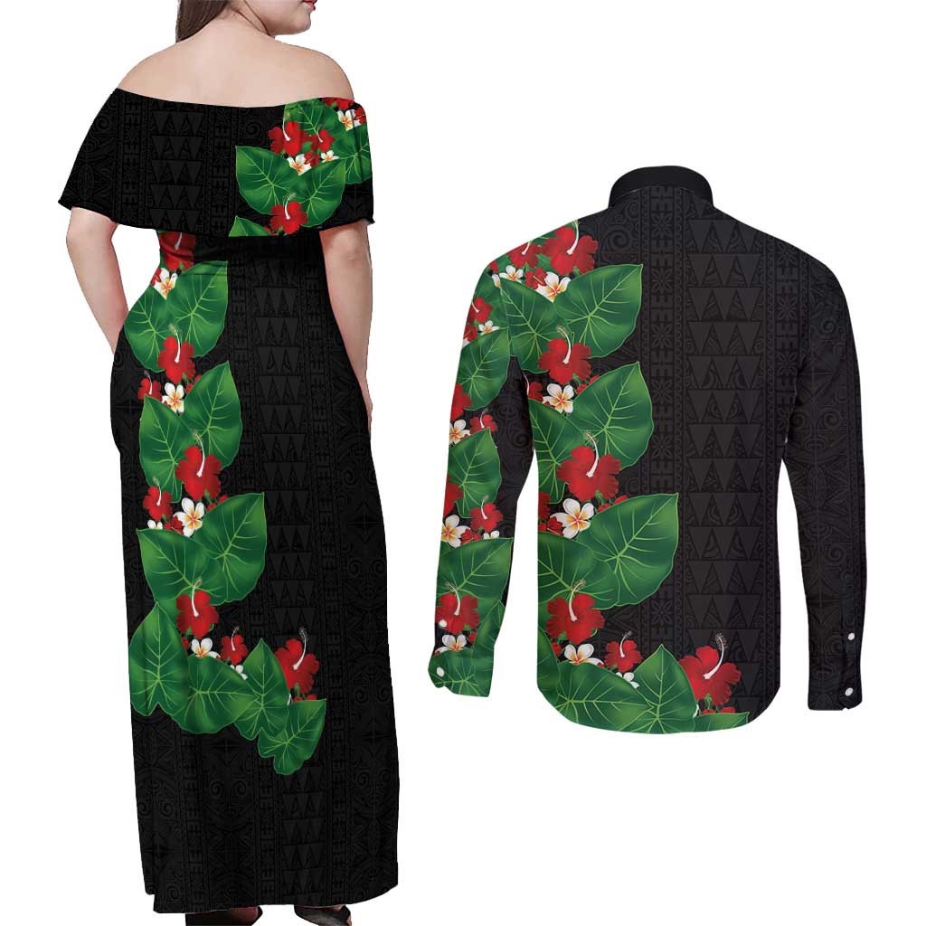Hawaiian Taro Leaves-Hibiscus and Plumeria Couples Matching Off Shoulder Maxi Dress and Long Sleeve Button Shirt Polynesian Art-Kakau Tattoo Black