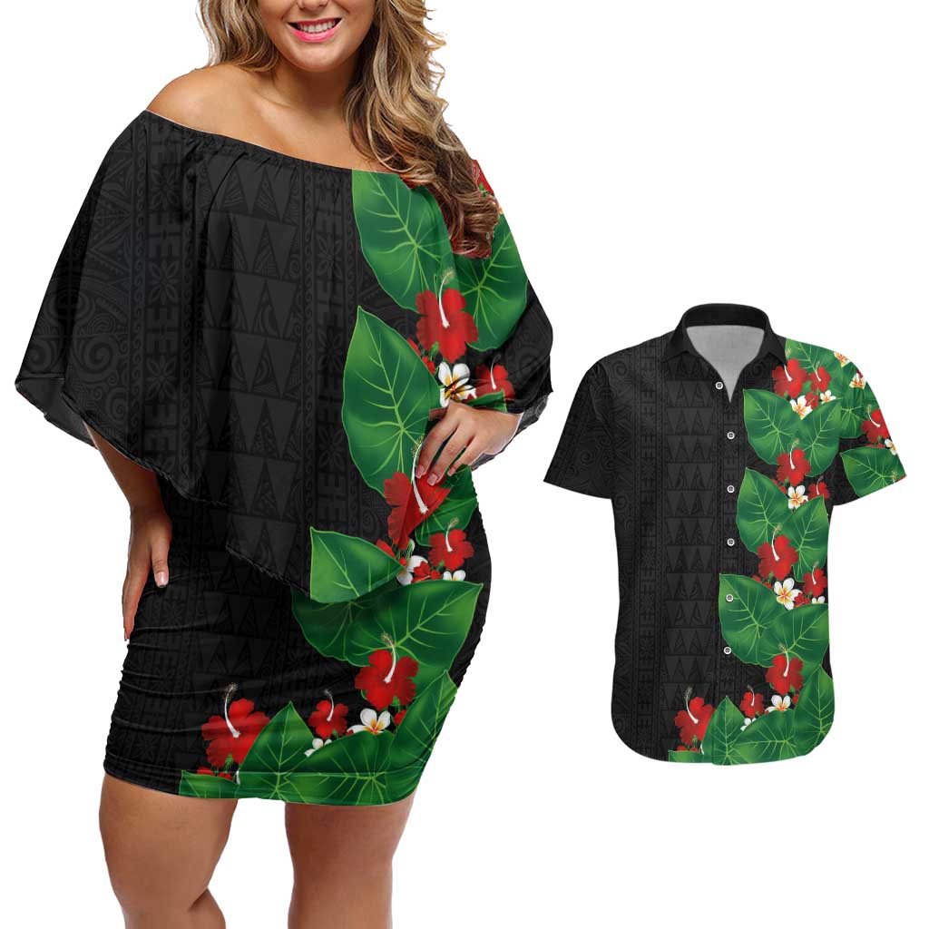 Hawaiian Taro Leaves-Hibiscus and Plumeria Couples Matching Off Shoulder Short Dress and Hawaiian Shirt Polynesian Art-Kakau Tattoo Black
