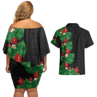 Hawaiian Taro Leaves-Hibiscus and Plumeria Couples Matching Off Shoulder Short Dress and Hawaiian Shirt Polynesian Art-Kakau Tattoo Black