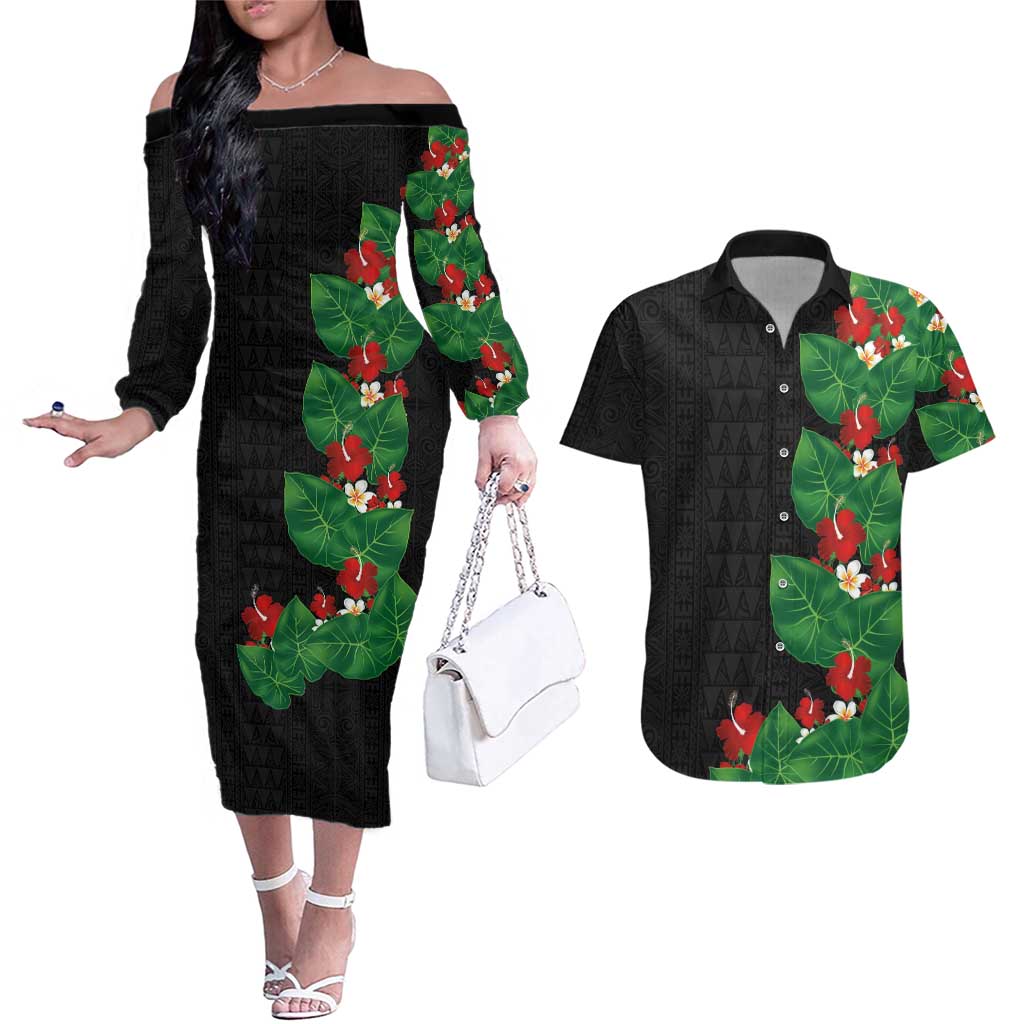 Hawaiian Taro Leaves-Hibiscus and Plumeria Couples Matching Off The Shoulder Long Sleeve Dress and Hawaiian Shirt Polynesian Art-Kakau Tattoo Black