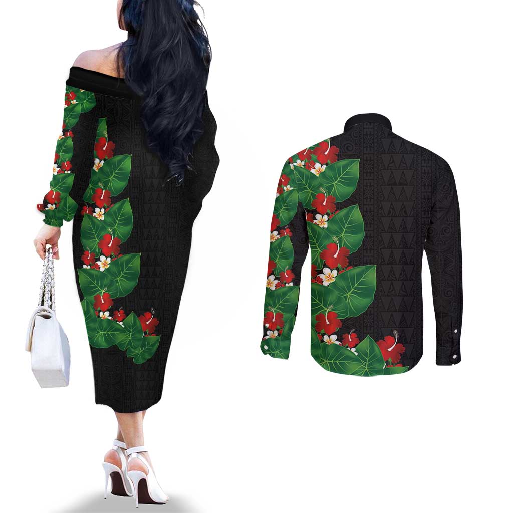 Hawaiian Taro Leaves-Hibiscus and Plumeria Couples Matching Off The Shoulder Long Sleeve Dress and Long Sleeve Button Shirt Polynesian Art-Kakau Tattoo Black