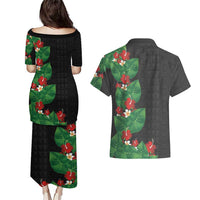 Hawaiian Taro Leaves-Hibiscus and Plumeria Couples Matching Puletasi and Hawaiian Shirt Polynesian Art-Kakau Tattoo Black