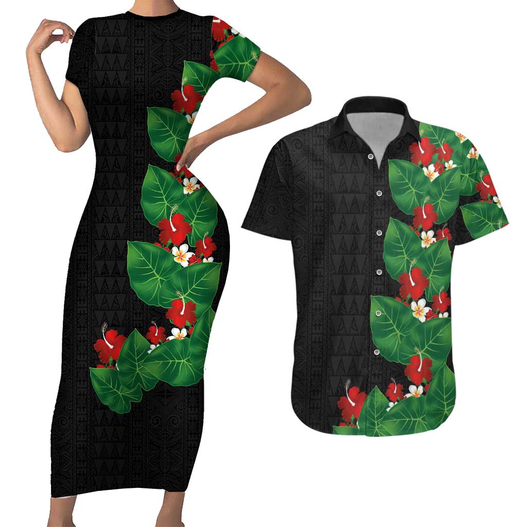 Hawaiian Taro Leaves-Hibiscus and Plumeria Couples Matching Short Sleeve Bodycon Dress and Hawaiian Shirt Polynesian Art-Kakau Tattoo Black