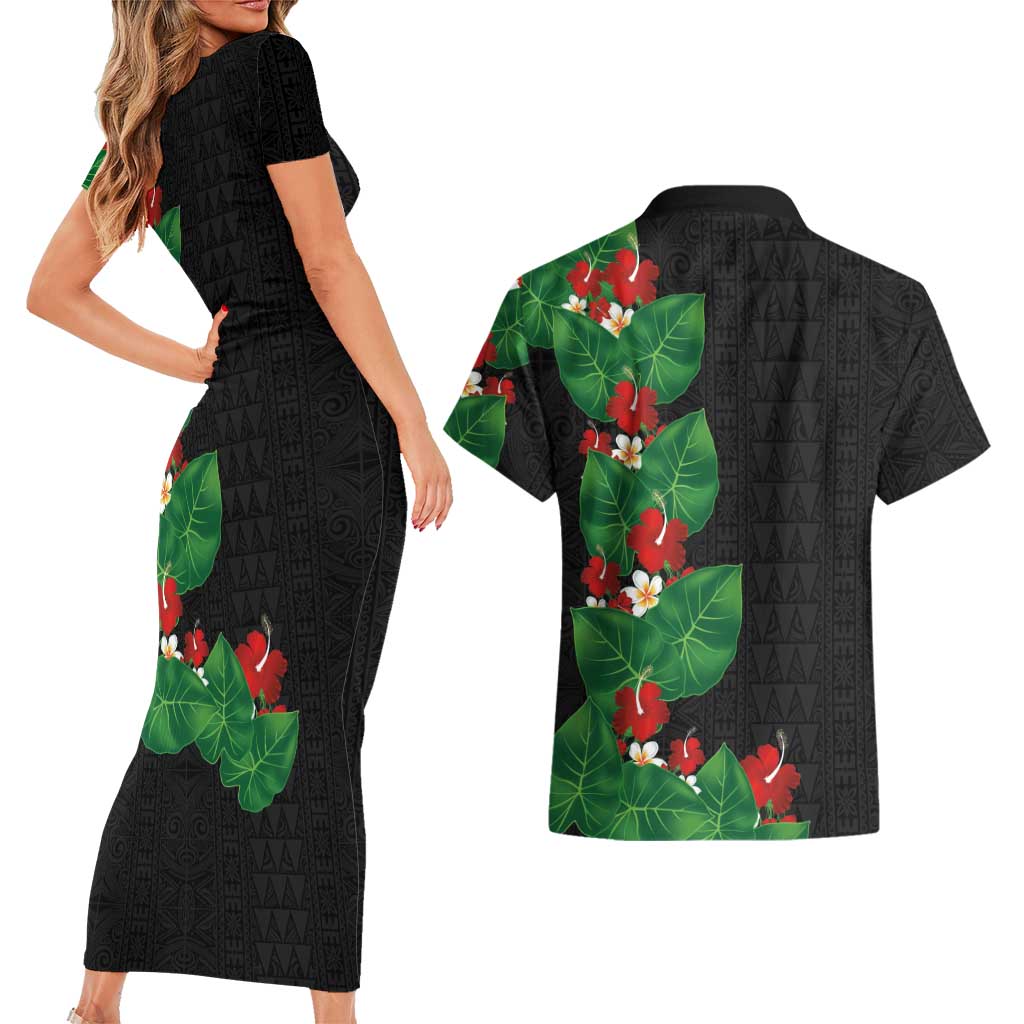 Hawaiian Taro Leaves-Hibiscus and Plumeria Couples Matching Short Sleeve Bodycon Dress and Hawaiian Shirt Polynesian Art-Kakau Tattoo Black