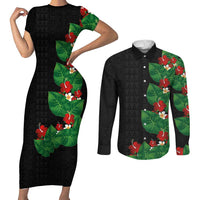 Hawaiian Taro Leaves-Hibiscus and Plumeria Couples Matching Short Sleeve Bodycon Dress and Long Sleeve Button Shirt Polynesian Art-Kakau Tattoo Black