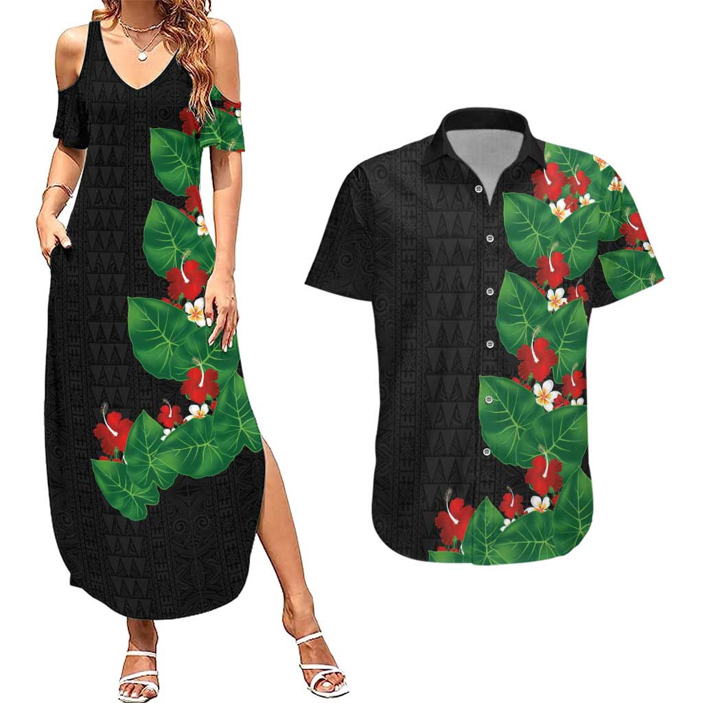 Hawaiian Taro Leaves-Hibiscus and Plumeria Couples Matching Summer Maxi Dress and Hawaiian Shirt Polynesian Art-Kakau Tattoo Black