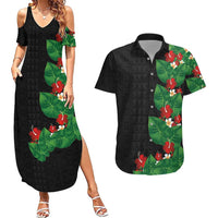 Hawaiian Taro Leaves-Hibiscus and Plumeria Couples Matching Summer Maxi Dress and Hawaiian Shirt Polynesian Art-Kakau Tattoo Black