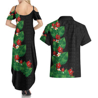 Hawaiian Taro Leaves-Hibiscus and Plumeria Couples Matching Summer Maxi Dress and Hawaiian Shirt Polynesian Art-Kakau Tattoo Black