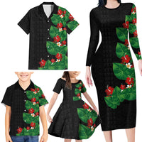 Hawaiian Taro Leaves-Hibiscus and Plumeria Family Matching Long Sleeve Bodycon Dress and Hawaiian Shirt Polynesian Art-Kakau Tattoo Black