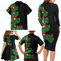 Hawaiian Taro Leaves-Hibiscus and Plumeria Family Matching Long Sleeve Bodycon Dress and Hawaiian Shirt Polynesian Art-Kakau Tattoo Black