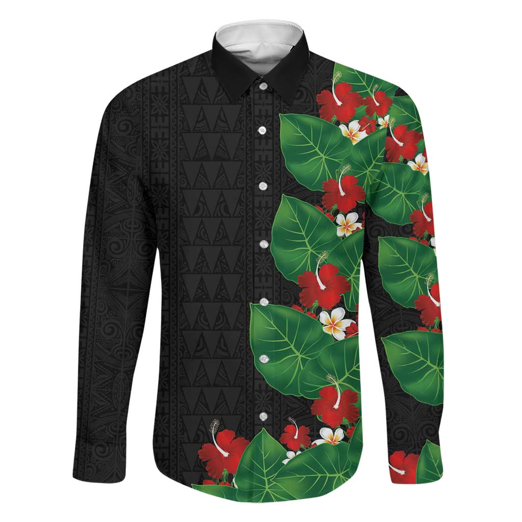 Hawaiian Taro Leaves-Hibiscus and Plumeria Family Matching Long Sleeve Bodycon Dress and Hawaiian Shirt Polynesian Art-Kakau Tattoo Black