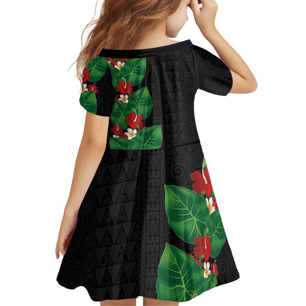 Hawaiian Taro Leaves-Hibiscus and Plumeria Family Matching Off The Shoulder Long Sleeve Dress and Hawaiian Shirt Polynesian Art-Kakau Tattoo Black