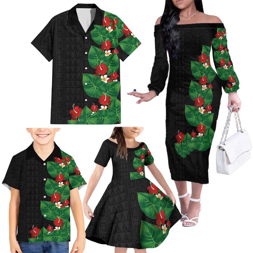 Hawaiian Taro Leaves-Hibiscus and Plumeria Family Matching Off The Shoulder Long Sleeve Dress and Hawaiian Shirt Polynesian Art-Kakau Tattoo Black