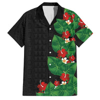 Hawaiian Taro Leaves-Hibiscus and Plumeria Family Matching Off The Shoulder Long Sleeve Dress and Hawaiian Shirt Polynesian Art-Kakau Tattoo Black