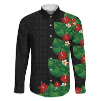 Hawaiian Taro Leaves-Hibiscus and Plumeria Family Matching Off The Shoulder Long Sleeve Dress and Hawaiian Shirt Polynesian Art-Kakau Tattoo Black