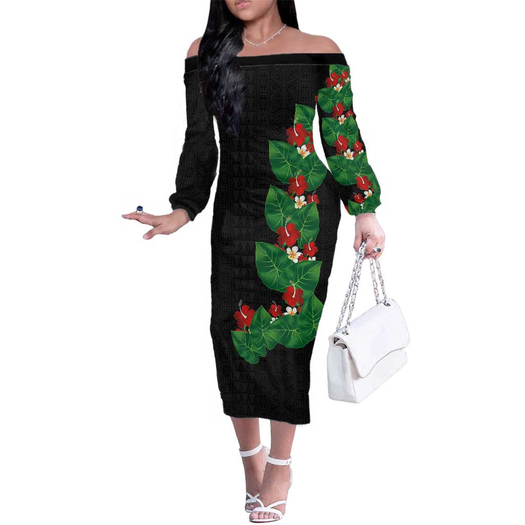 Hawaiian Taro Leaves-Hibiscus and Plumeria Family Matching Off The Shoulder Long Sleeve Dress and Hawaiian Shirt Polynesian Art-Kakau Tattoo Black