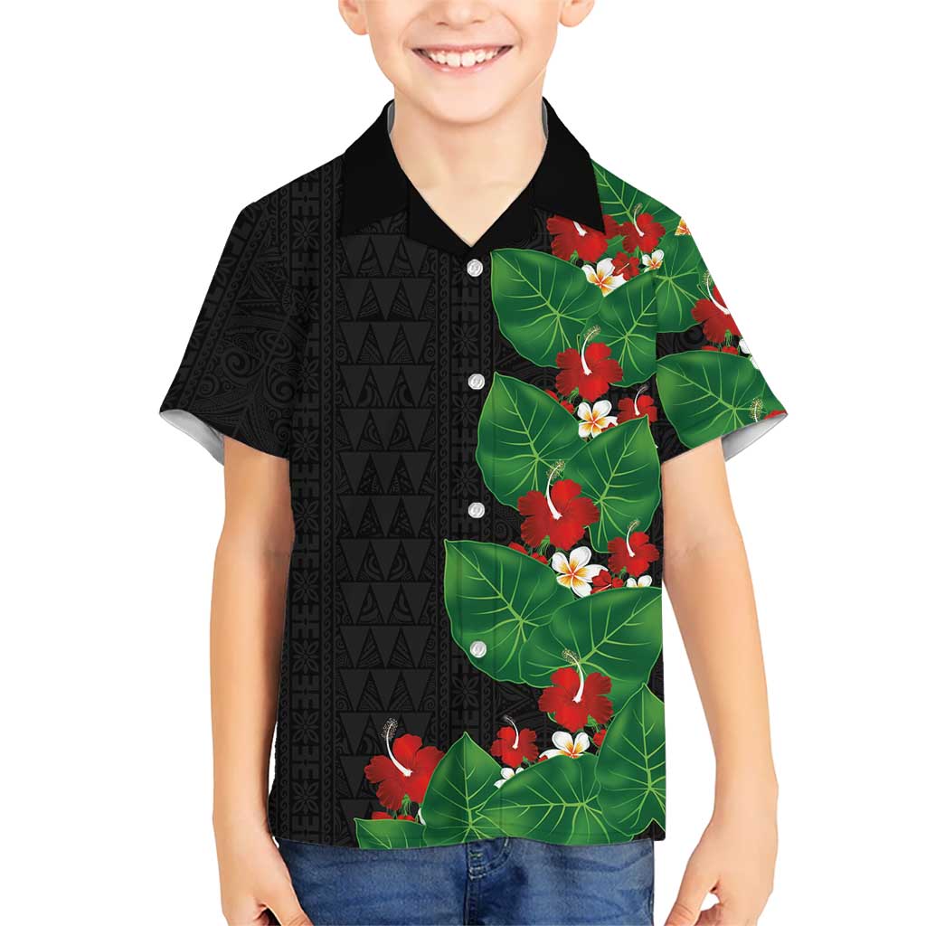 Hawaiian Taro Leaves-Hibiscus and Plumeria Family Matching Off The Shoulder Long Sleeve Dress and Hawaiian Shirt Polynesian Art-Kakau Tattoo Black