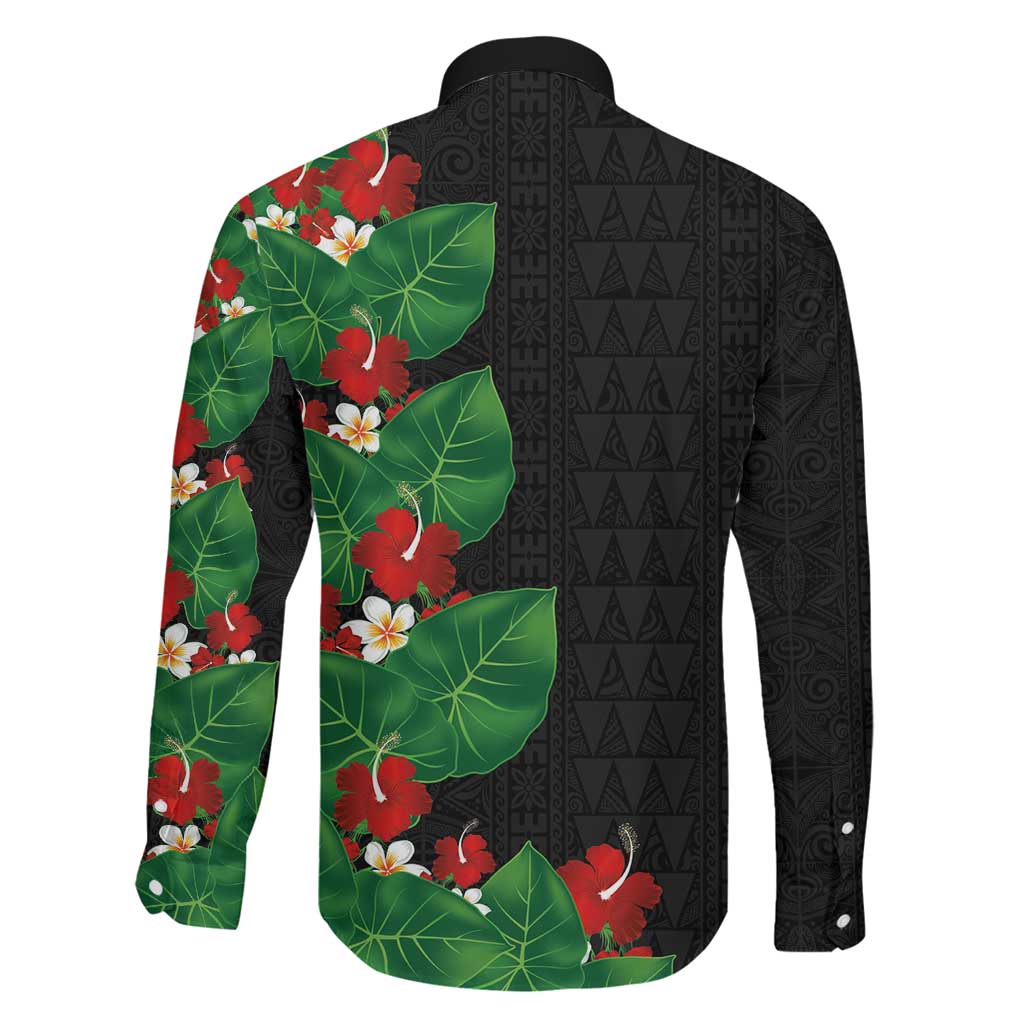 Hawaiian Taro Leaves-Hibiscus and Plumeria Family Matching Off Shoulder Maxi Dress and Hawaiian Shirt Polynesian Art-Kakau Tattoo Black