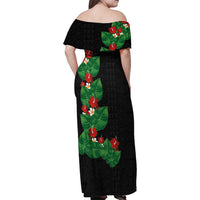 Hawaiian Taro Leaves-Hibiscus and Plumeria Family Matching Off Shoulder Maxi Dress and Hawaiian Shirt Polynesian Art-Kakau Tattoo Black