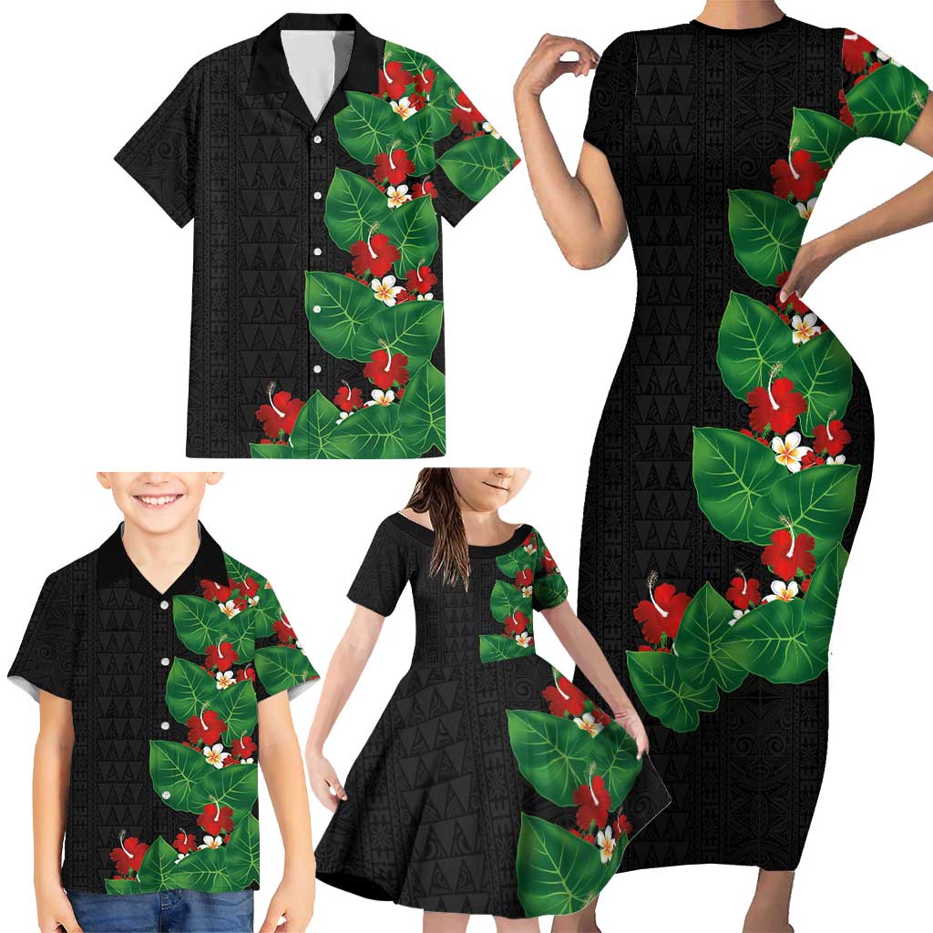 Hawaiian Taro Leaves-Hibiscus and Plumeria Family Matching Short Sleeve Bodycon Dress and Hawaiian Shirt Polynesian Art-Kakau Tattoo Black
