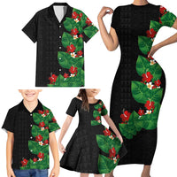 Hawaiian Taro Leaves-Hibiscus and Plumeria Family Matching Short Sleeve Bodycon Dress and Hawaiian Shirt Polynesian Art-Kakau Tattoo Black