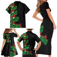 Hawaiian Taro Leaves-Hibiscus and Plumeria Family Matching Short Sleeve Bodycon Dress and Hawaiian Shirt Polynesian Art-Kakau Tattoo Black
