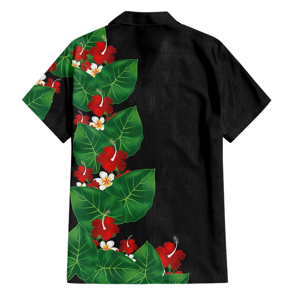 Hawaiian Taro Leaves-Hibiscus and Plumeria Family Matching Short Sleeve Bodycon Dress and Hawaiian Shirt Polynesian Art-Kakau Tattoo Black