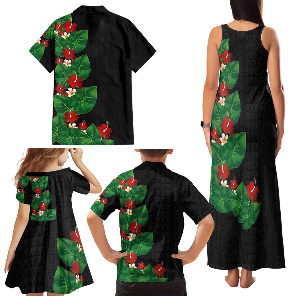 Hawaiian Taro Leaves-Hibiscus and Plumeria Family Matching Tank Maxi Dress and Hawaiian Shirt Polynesian Art-Kakau Tattoo Black