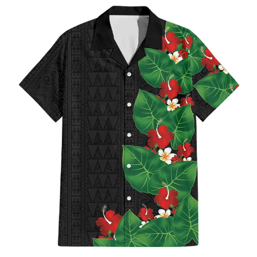 Hawaiian Taro Leaves-Hibiscus and Plumeria Family Matching Tank Maxi Dress and Hawaiian Shirt Polynesian Art-Kakau Tattoo Black