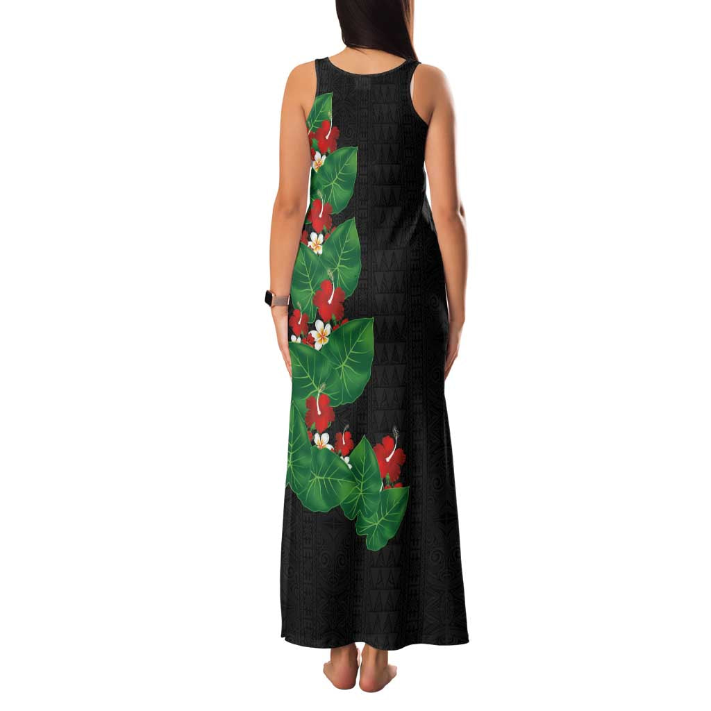 Hawaiian Taro Leaves-Hibiscus and Plumeria Family Matching Tank Maxi Dress and Hawaiian Shirt Polynesian Art-Kakau Tattoo Black
