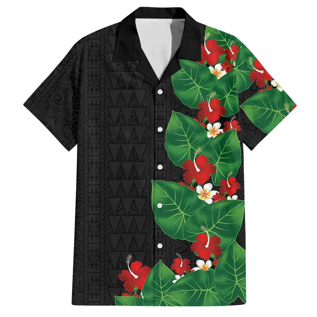 Hawaiian Taro Leaves-Hibiscus and Plumeria Hawaiian Shirt Polynesian Art-Kakau Tattoo Black