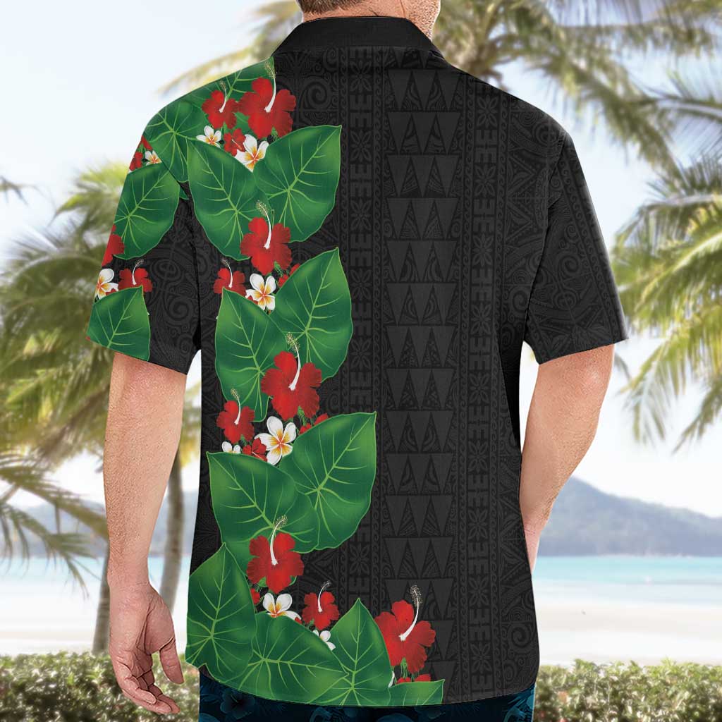 Hawaiian Taro Leaves-Hibiscus and Plumeria Hawaiian Shirt Polynesian Art-Kakau Tattoo Black