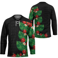 Hawaiian Taro Leaves-Hibiscus and Plumeria Hockey Jersey Polynesian Art-Kakau Tattoo Black