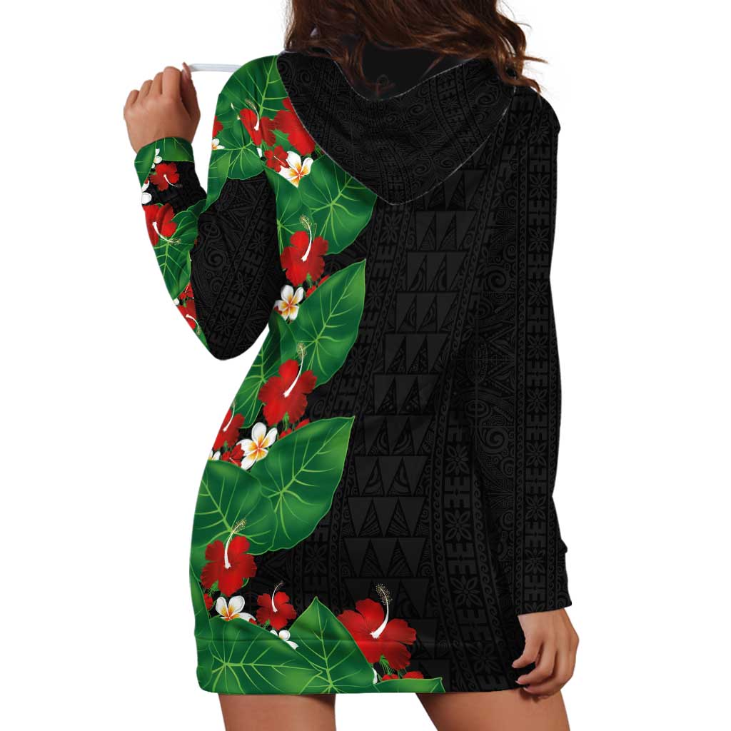 Hawaiian Taro Leaves-Hibiscus and Plumeria Hoodie Dress Polynesian Art-Kakau Tattoo Black