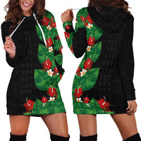 Hawaiian Taro Leaves-Hibiscus and Plumeria Hoodie Dress Polynesian Art-Kakau Tattoo Black