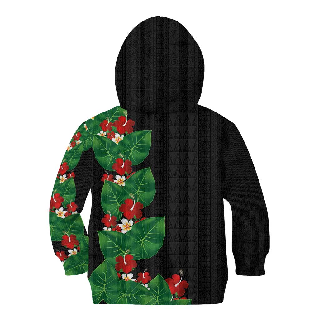 Hawaiian Taro Leaves-Hibiscus and Plumeria Kid Hoodie Polynesian Art-Kakau Tattoo Black