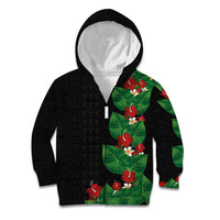 Hawaiian Taro Leaves-Hibiscus and Plumeria Kid Hoodie Polynesian Art-Kakau Tattoo Black