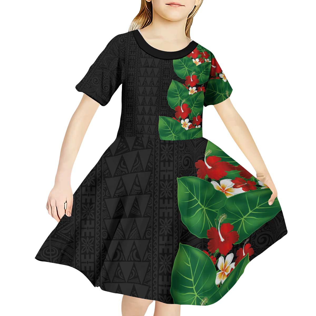 Hawaiian Taro Leaves-Hibiscus and Plumeria Kid Short Sleeve Dress Polynesian Art-Kakau Tattoo Black