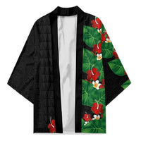 Hawaiian Taro Leaves-Hibiscus and Plumeria Kimono Polynesian Art-Kakau Tattoo Black