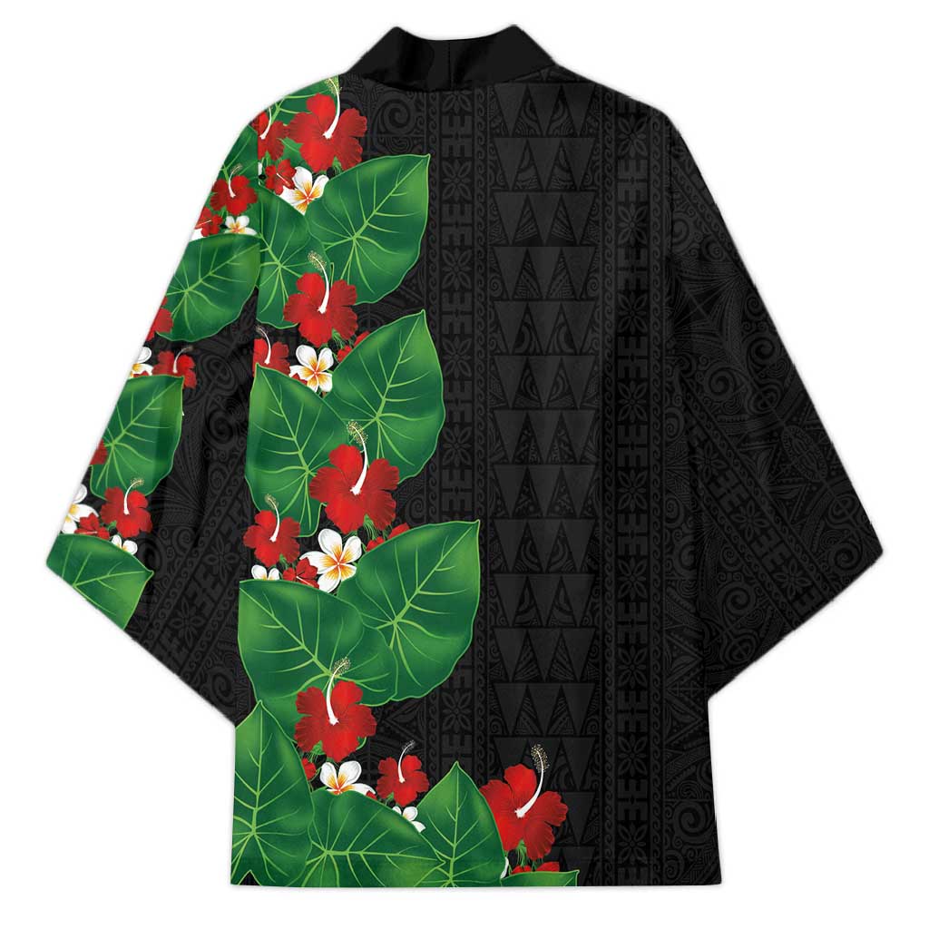 Hawaiian Taro Leaves-Hibiscus and Plumeria Kimono Polynesian Art-Kakau Tattoo Black