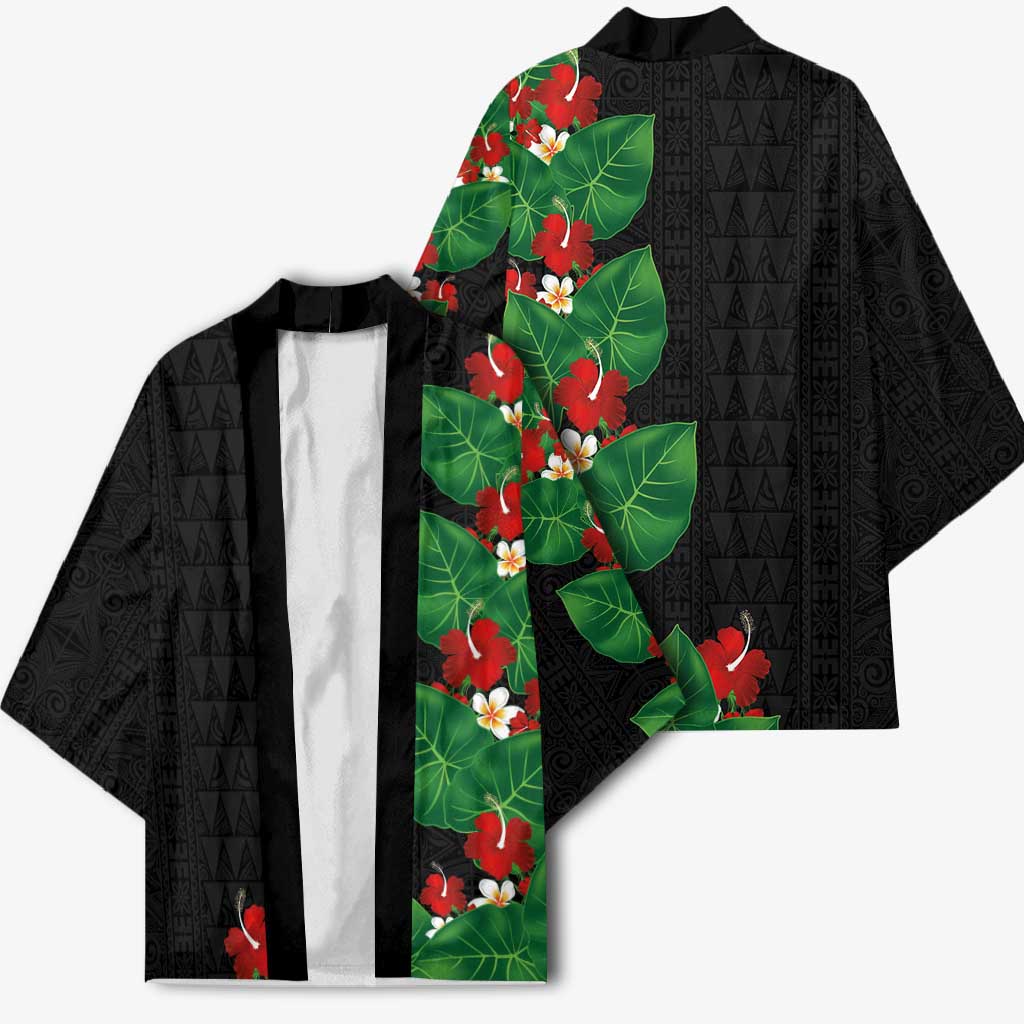 Hawaiian Taro Leaves-Hibiscus and Plumeria Kimono Polynesian Art-Kakau Tattoo Black