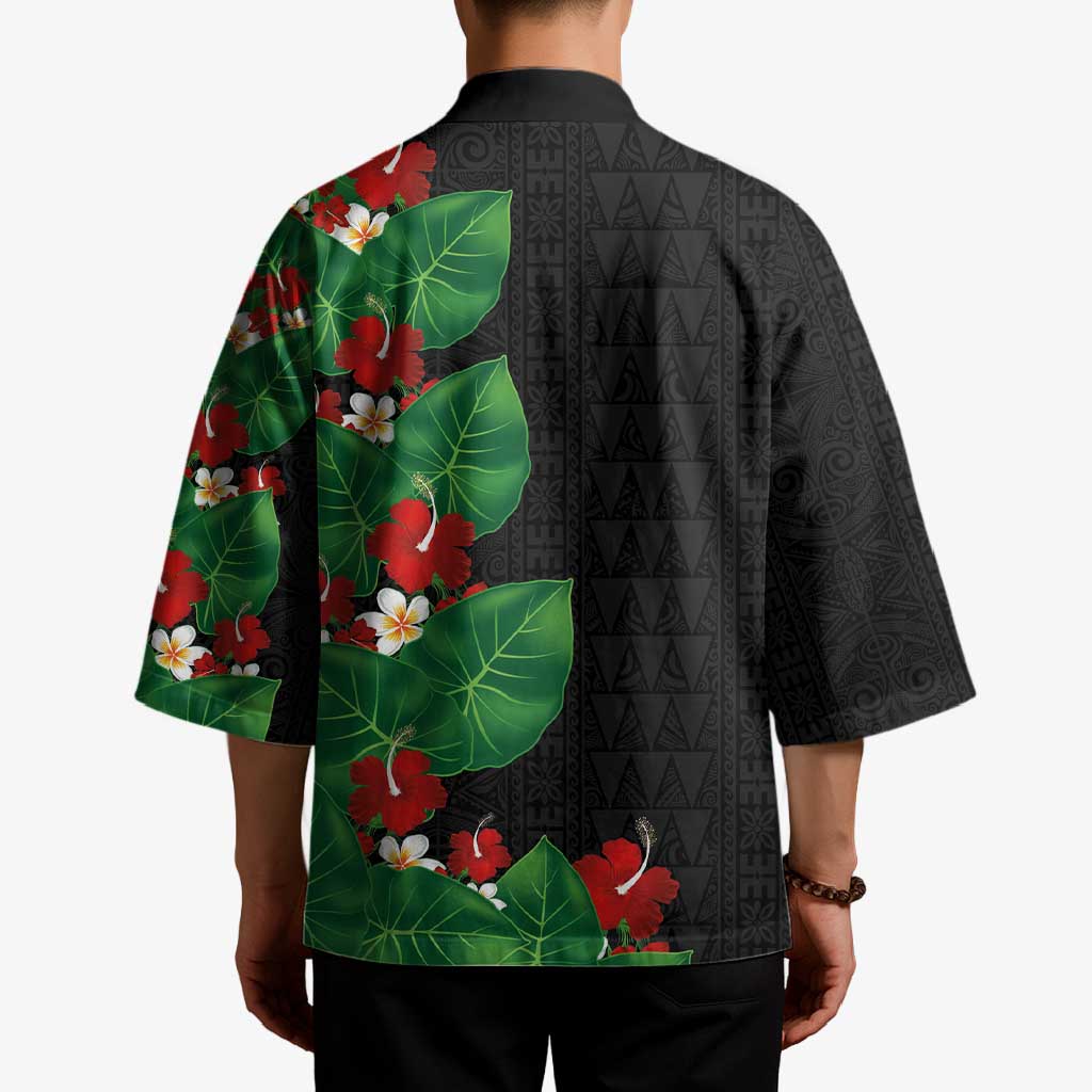 Hawaiian Taro Leaves-Hibiscus and Plumeria Kimono Polynesian Art-Kakau Tattoo Black