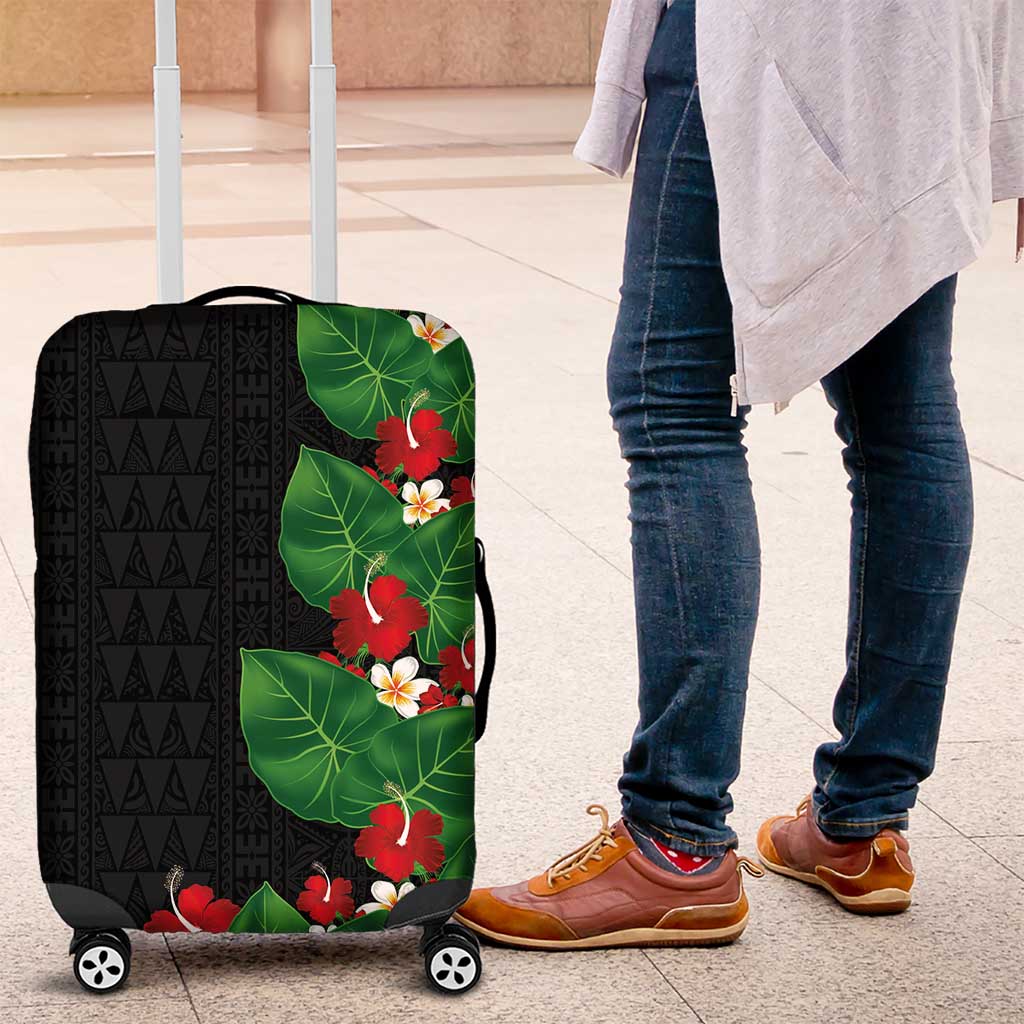 Hawaiian Taro Leaves-Hibiscus and Plumeria Luggage Cover Polynesian Art-Kakau Tattoo Black